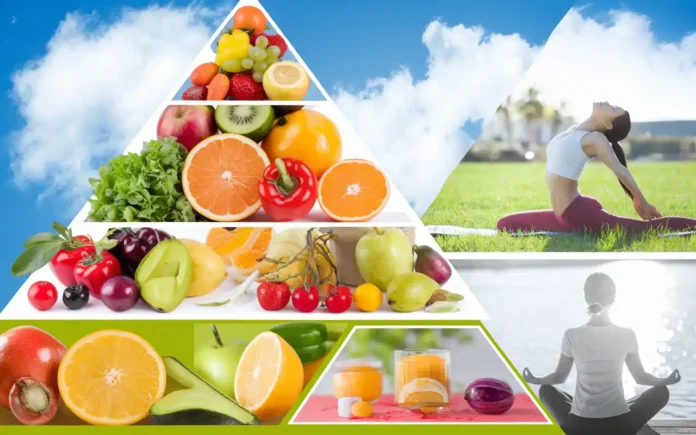 A vibrant collage of healthy living images showcasing nutrition, exercise, and mental wellness.