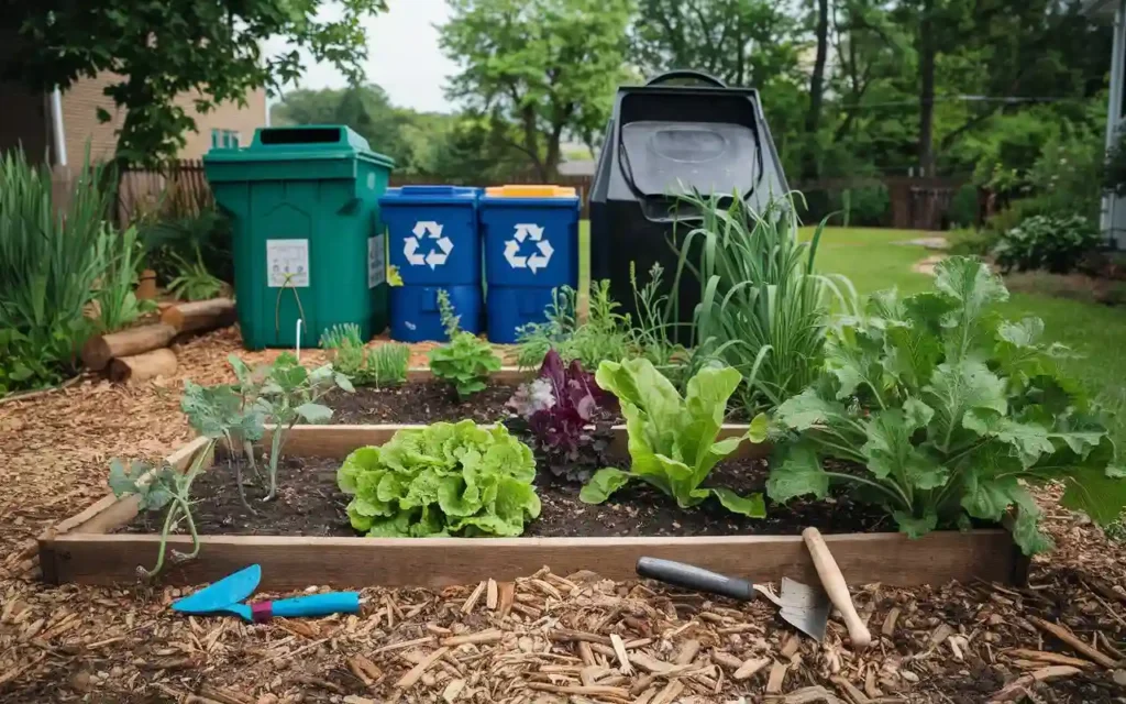 Healthy living images promoting sustainable practices like gardening and recycling.
