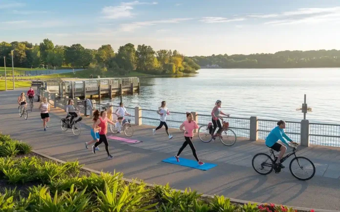 Scenic view promoting healthy living Liberty Lake with people engaging in outdoor activities.