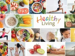 A vibrant collage of healthy living pictures showcasing nutrition, exercise, and mental wellness."