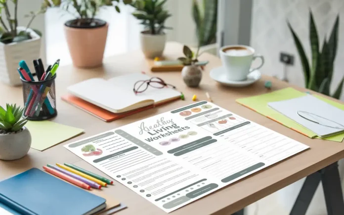 A collection of healthy living worksheets displayed on a desk with colorful pens and a plant.