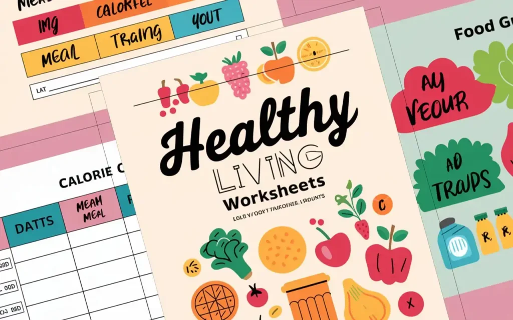 Nutrition-focused healthy living worksheets with meal planning charts and food group illustrations