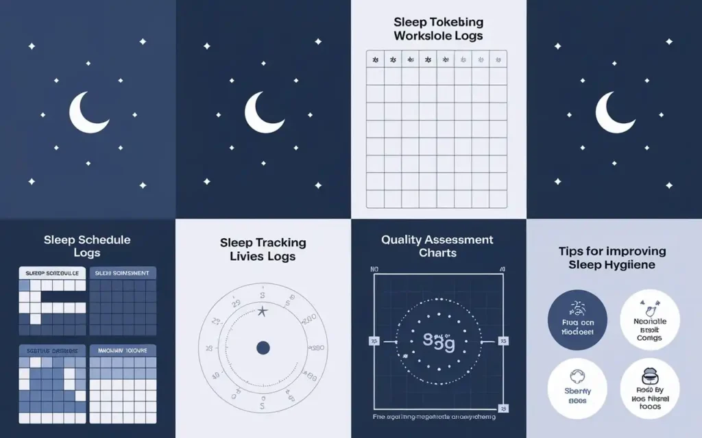 Sleep tracking healthy living worksheets with sleep schedule logs and quality assessment charts