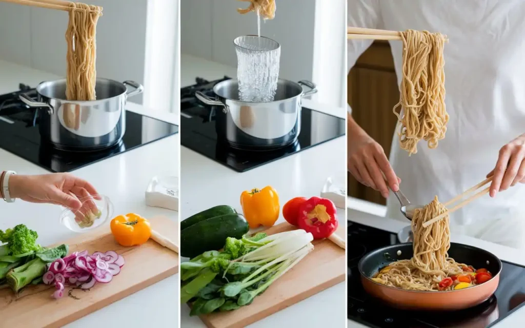 Step-by-step process of cooking healthy noodles in a kitchen setting
