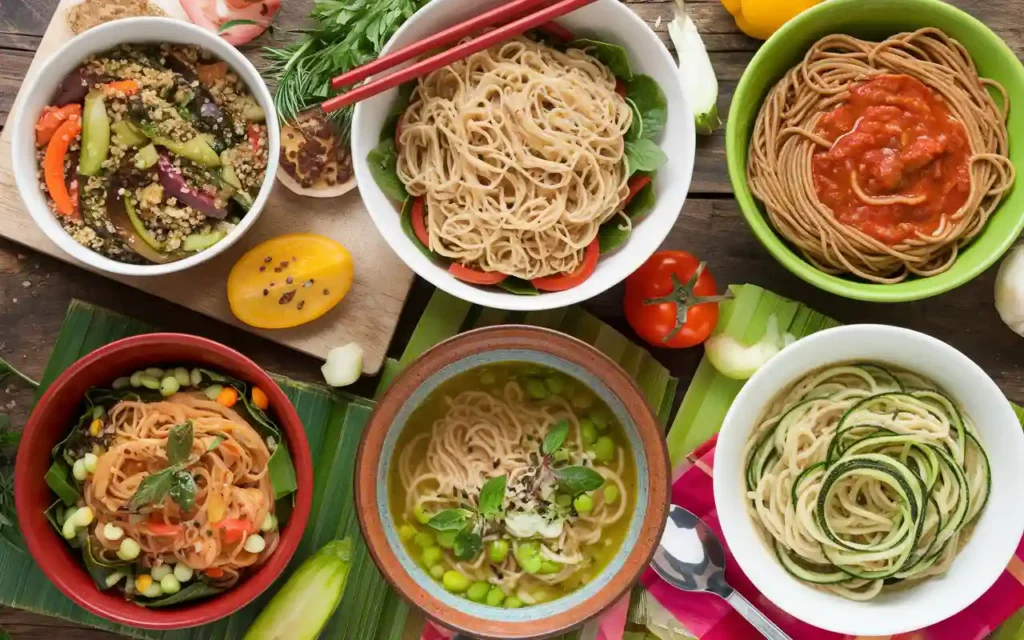 Selection of healthy noodle dishes prepared with fresh ingredients
