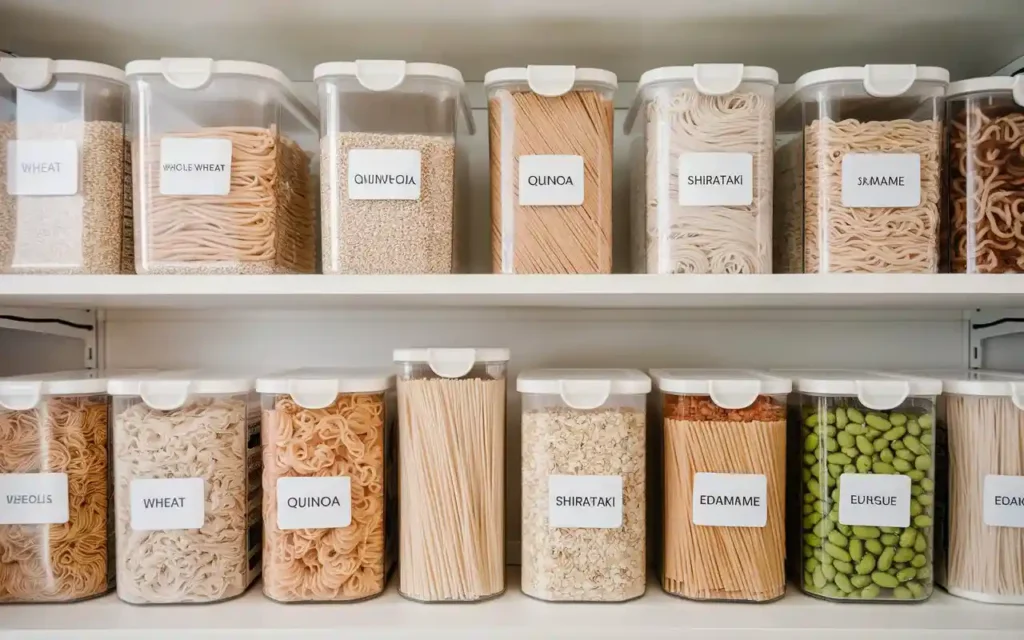 Organized storage containers for healthy noodles in a pantry
