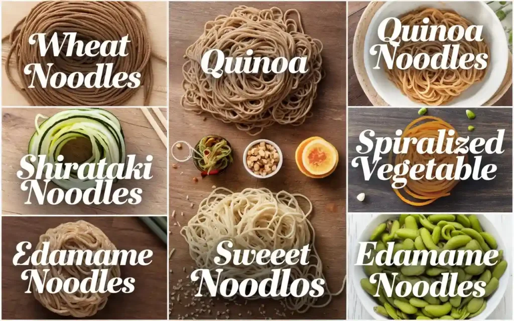 Variety of healthy noodles including whole wheat, quinoa, and spiralized vegetables