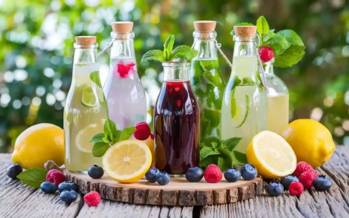 Assorted healthy sodas with fresh fruits and herbs