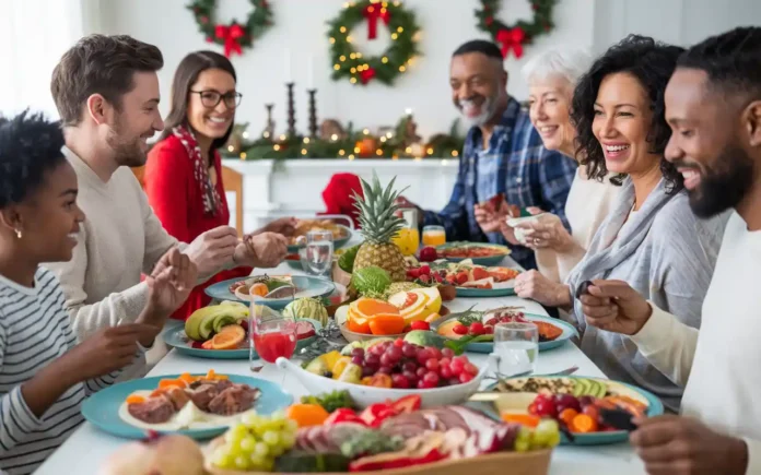 Holiday health tips featuring a happy family enjoying a healthy festive meal