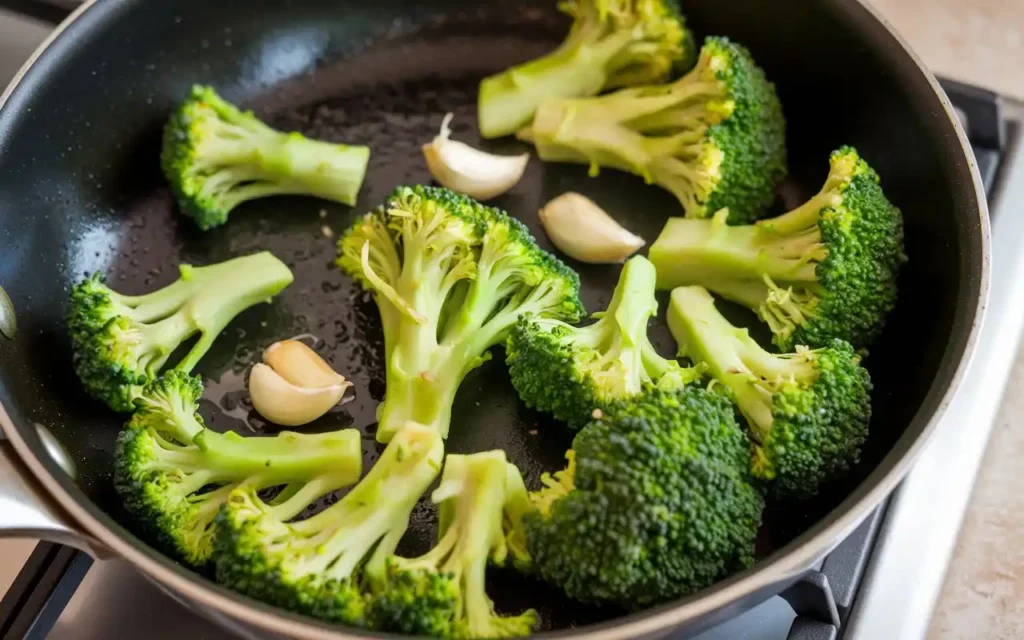 How to cook broccoli healthy by sautéing with garlic and olive oil in a skillet