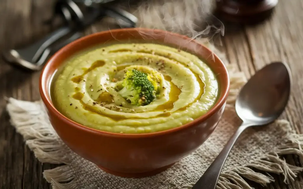 How to cook broccoli healthy in a creamy broccoli soup served in a bowl