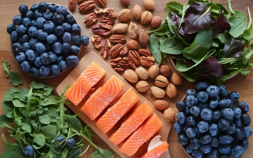 Foods like leafy greens, berries, and fish for healthy arteries and veins