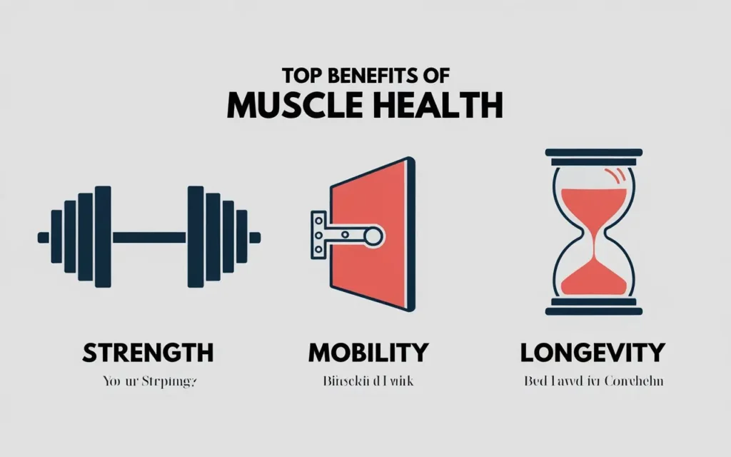 Infographic showing the benefits of healthy muscles for strength, mobility, and longevity."
