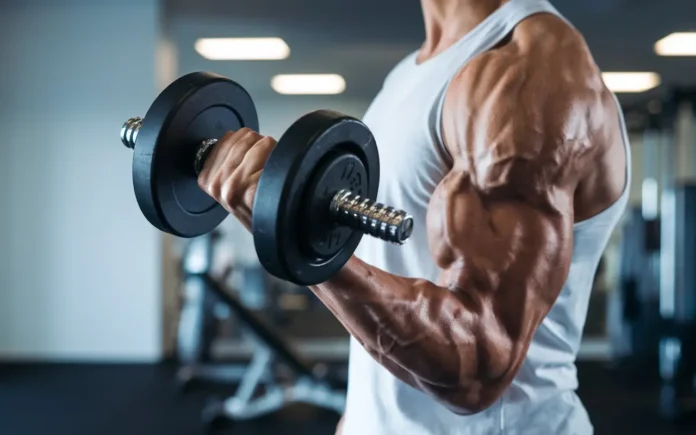 Person holding a dumbbell in a gym, focusing on how to keep your muscles healthy through exercise and fitness."