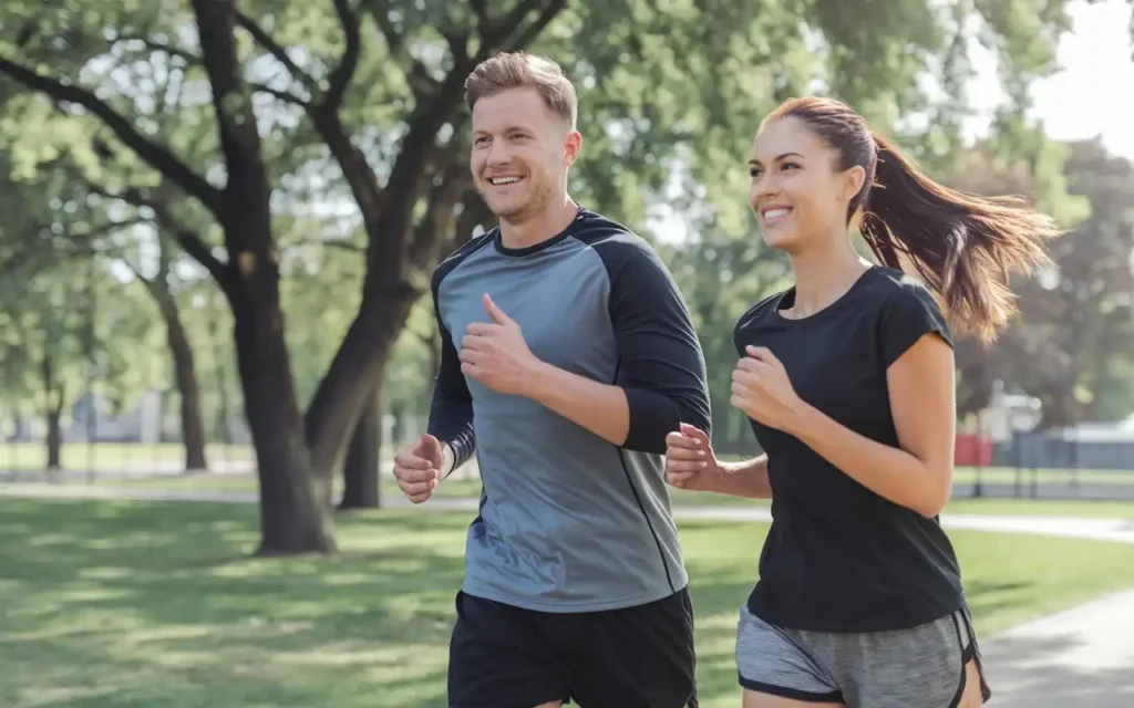 Active couple jogging in a park, representing long-term muscle health