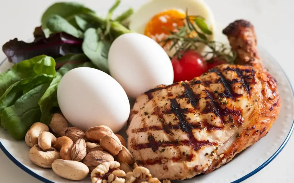 Healthy meal with protein-rich foods like chicken, eggs, and vegetables