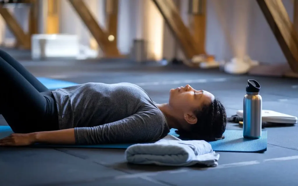 Person resting on a yoga mat after workout for muscle recovery