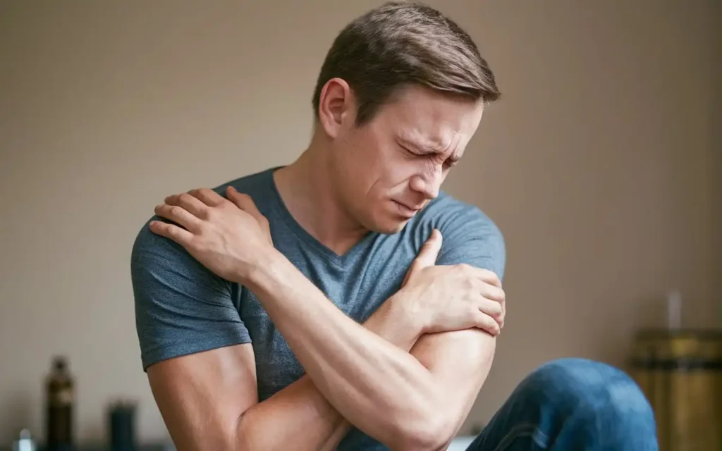 Person holding their shoulder in discomfort, showing signs of muscle pain