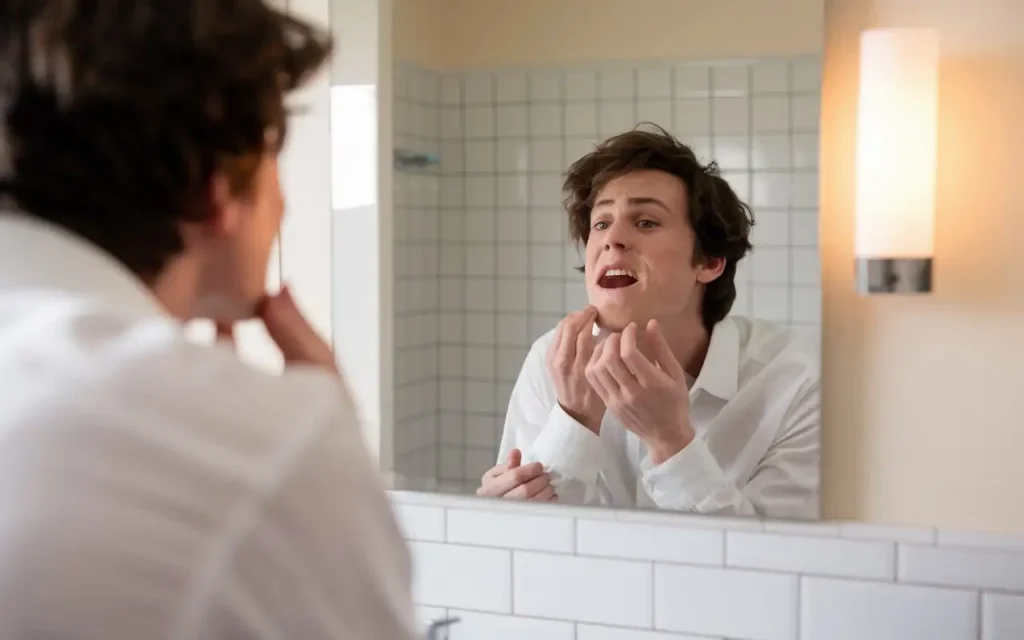 Person examining their teeth in a mirror - how to know if your teeth are healthy

