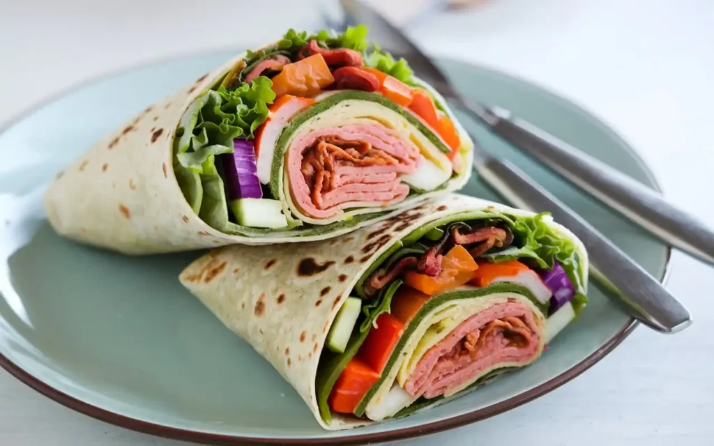 Assembled healthy tortilla wrap with fresh vegetables