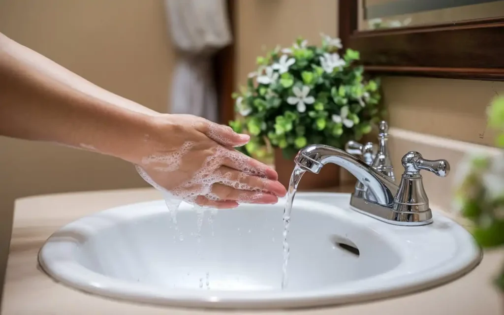 A person washing hands to prevent winter illnesses.
