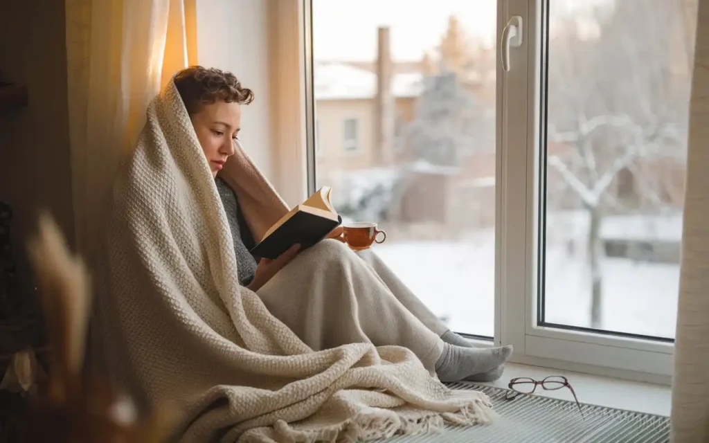 A person reading by the window to support mental health during winter.
