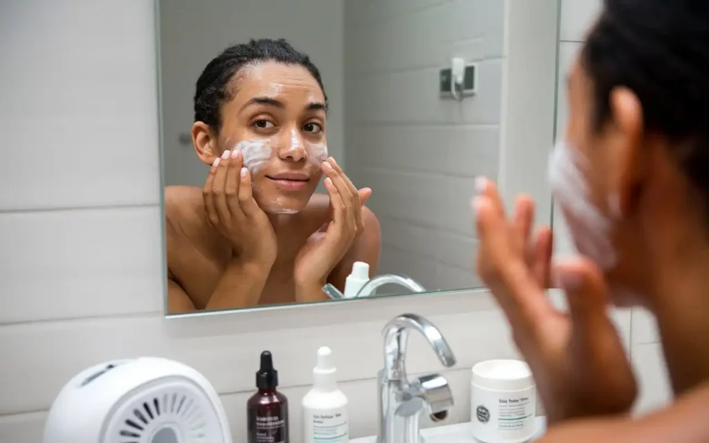 A person applying moisturizer to their face as part of winter skincare.