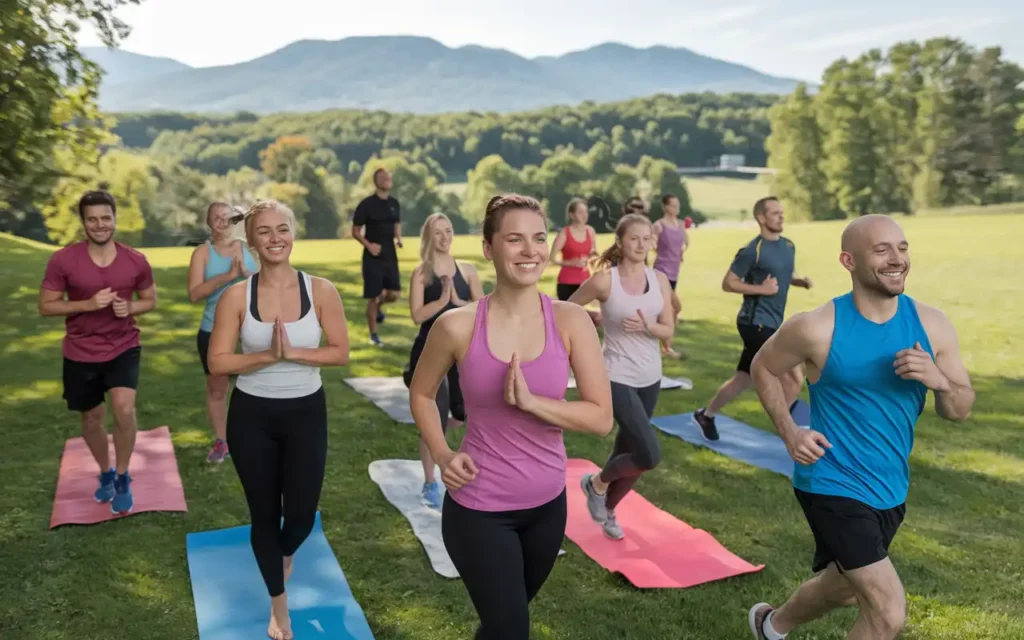 A group of people exercising outdoors in Vermont.
