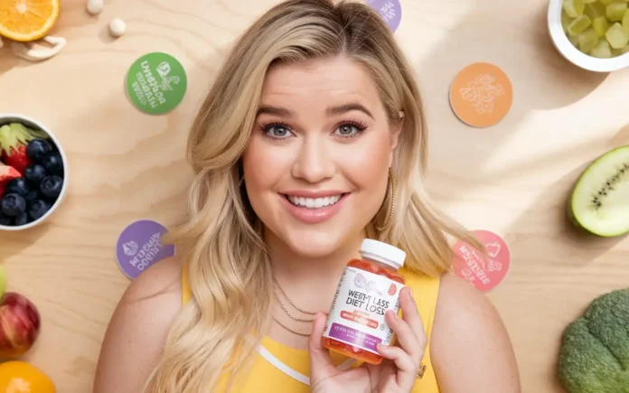 Kelly Clarkson weight loss diet gummies displayed alongside healthy snacks.