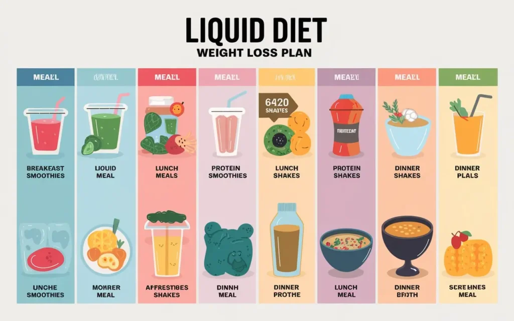 Comprehensive liquid diet weight loss plan with meal schedule and nutritional balance.