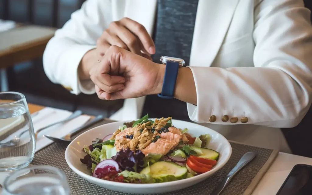 Business traveler checking watch before eating a meal