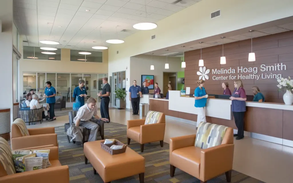 Welcoming lobby of Melinda Hoag Smith Center for Healthy Living with staff greeting visitors.
