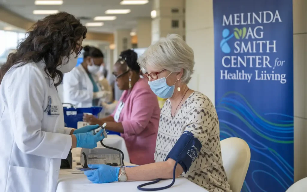 Health screening event at Melinda Hoag Smith Center for Healthy Living with medical professionals assisting participants