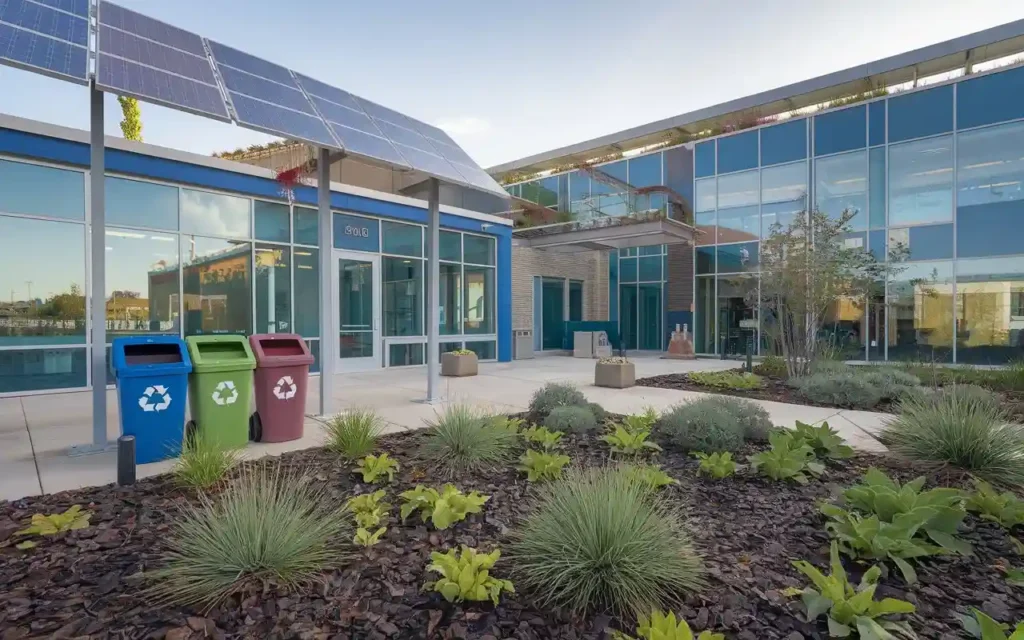 Eco-friendly initiatives at Melinda Hoag Smith Center for Healthy Living, including recycling stations and green spaces.
