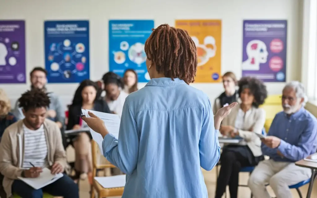 Mental health education session with a professional speaking