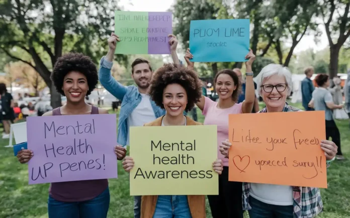 People holding signs with mental health awareness ideas.