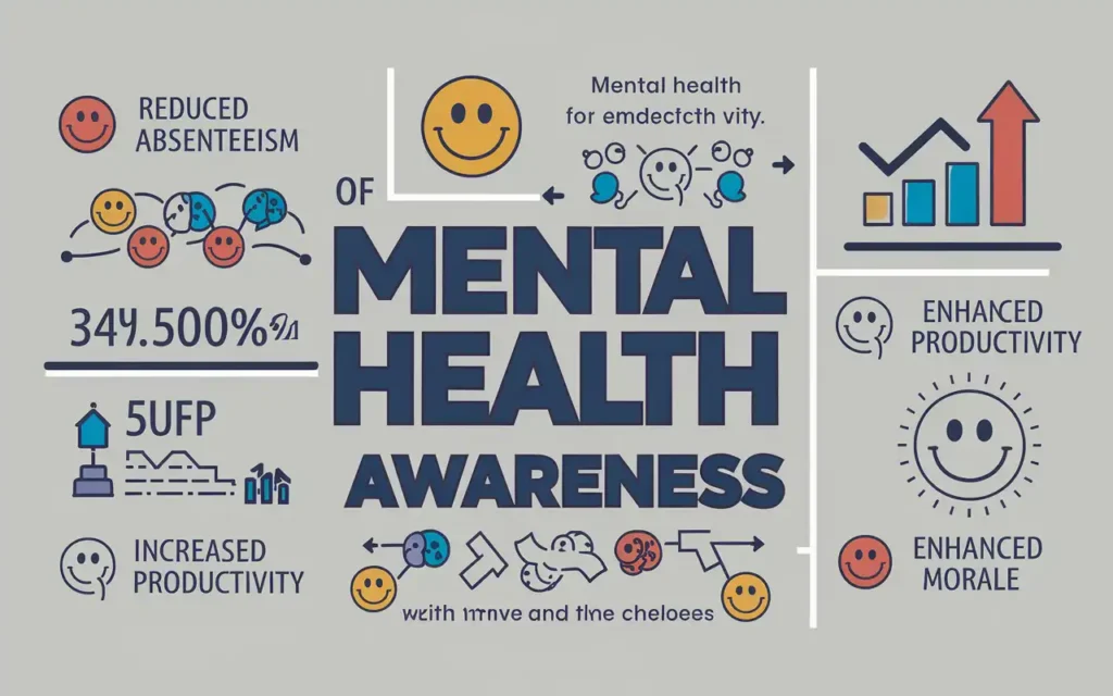 Visual of employee well-being stats and benefits of mental health awareness in the workplace."
