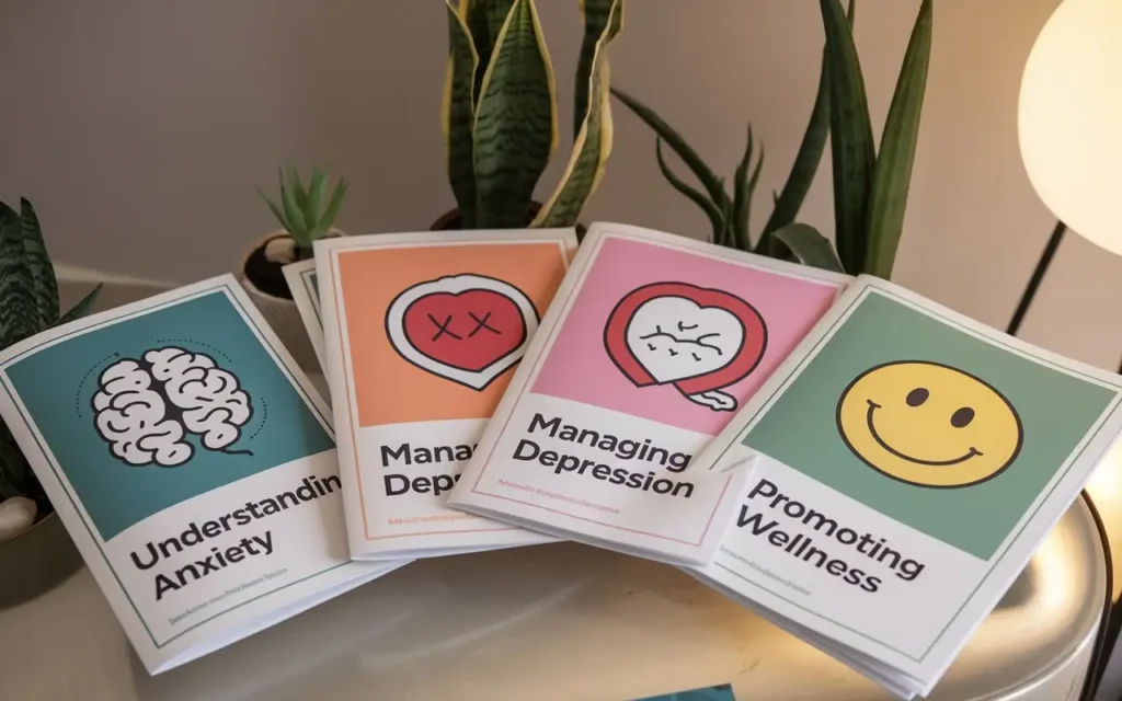 A variety of mental health pamphlets spread out on a table