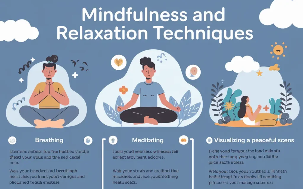 Mental health poster ideas for schools illustrating mindfulness and relaxation techniques.
