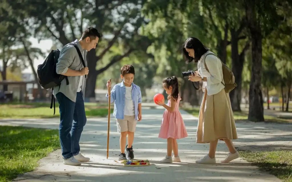 Family enjoying a digital detox as part of mental health tips for parents.
