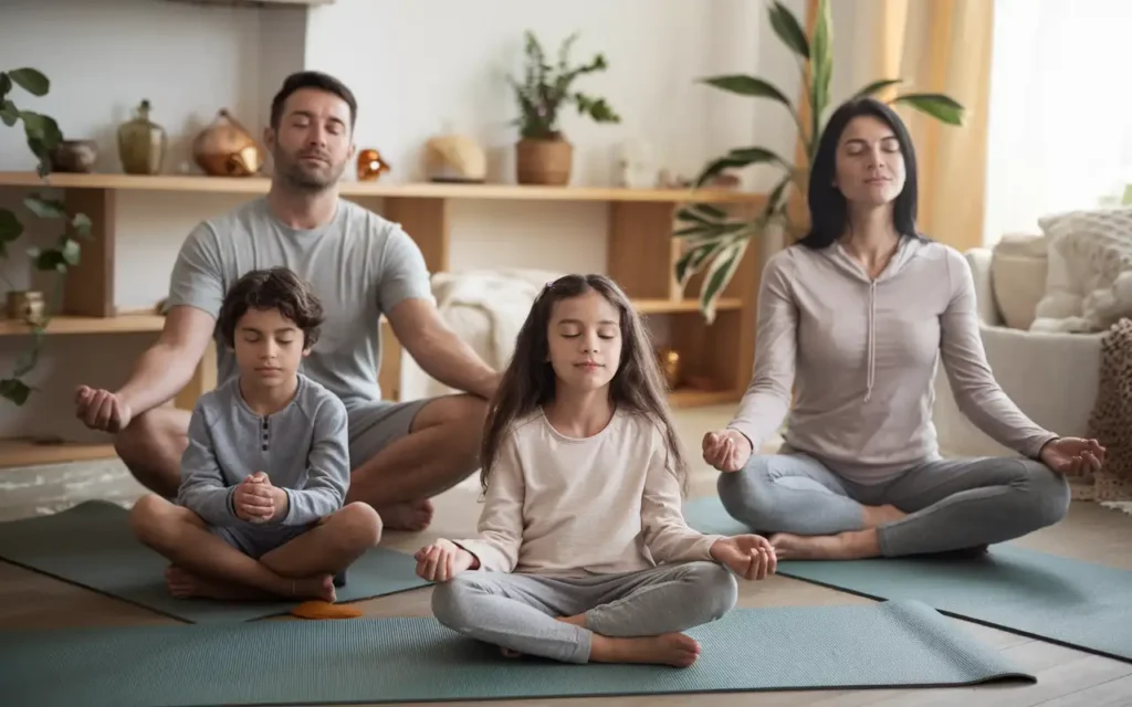 Family practicing mindful parenting as part of mental health tips for parents