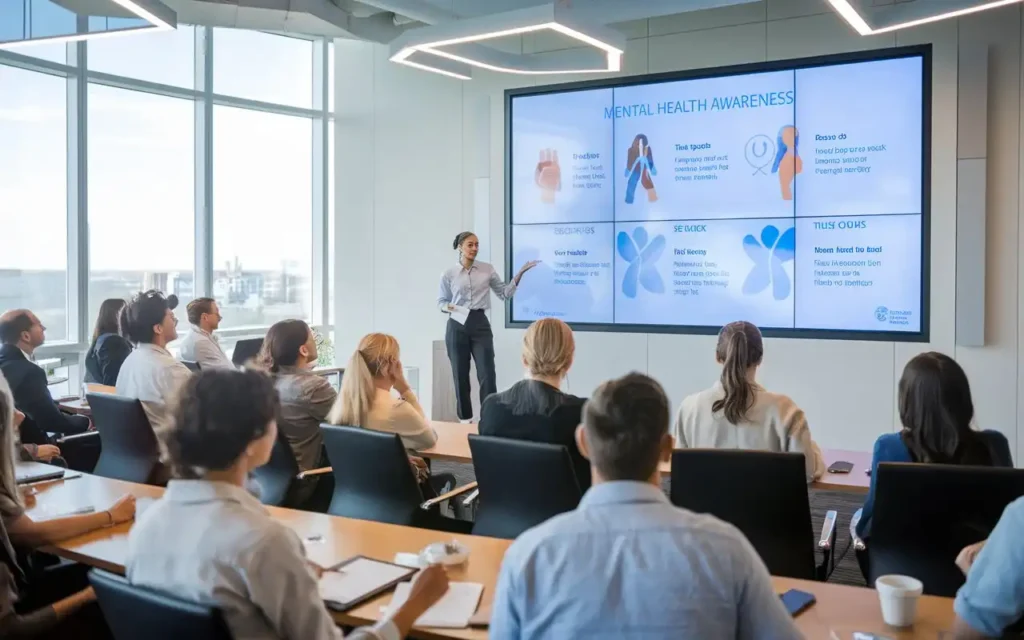 Employee training session on mental health awareness activities in a conference room.