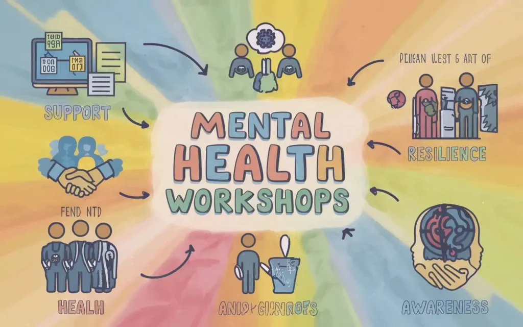 Illustration of the benefits of mental health workshops with icons representing support, resilience, and awareness