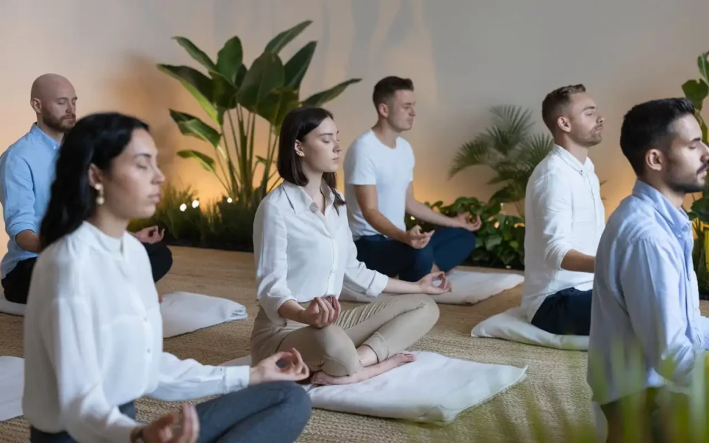 Employees participating in mindfulness and meditation sessions as a mental health awareness activity