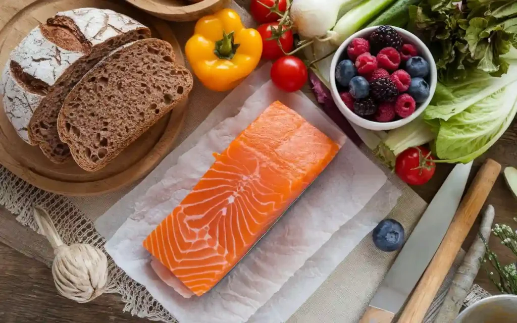 Nordic healthy living with a balanced Nordic diet featuring whole grains and fatty fish
