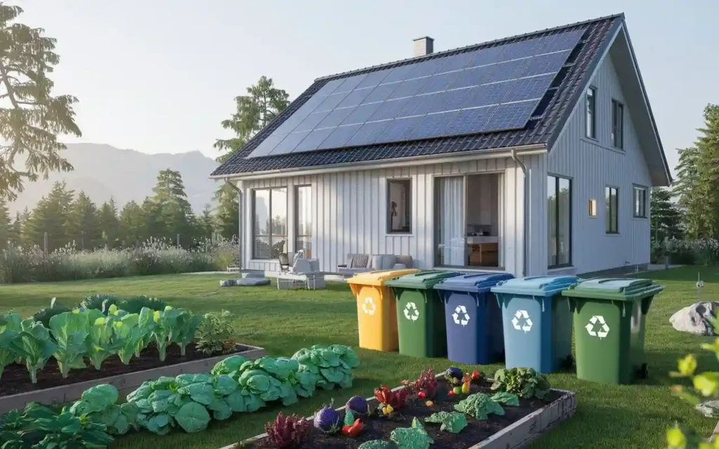 Nordic healthy living with sustainable practices like recycling and renewable energy