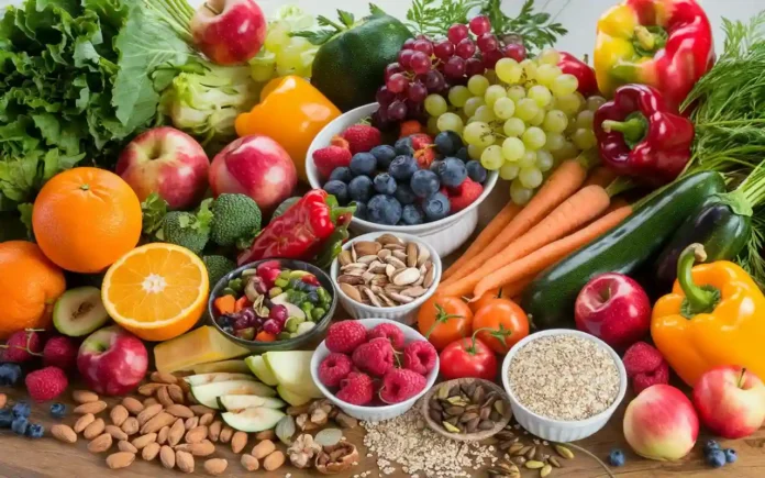 Nutrition for healthy living with a variety of fresh fruits and vegetables