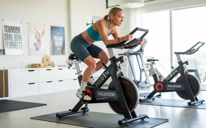 Peloton weight loss journey with user on Peloton bike.