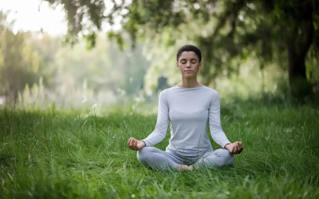 Individual meditating alone outdoors