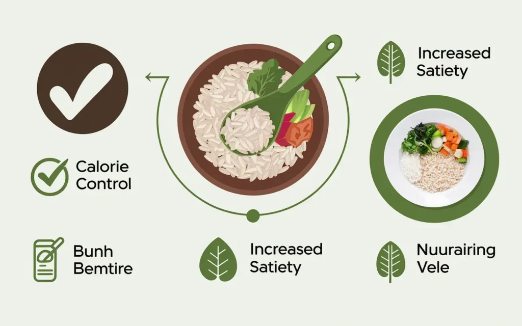 Infographic highlighting the benefits of the rice method for weight loss, including calorie control and satiety